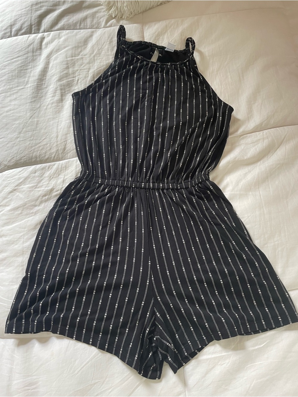 Old Navy Black Striped Romper with Pockets and Braided Straps